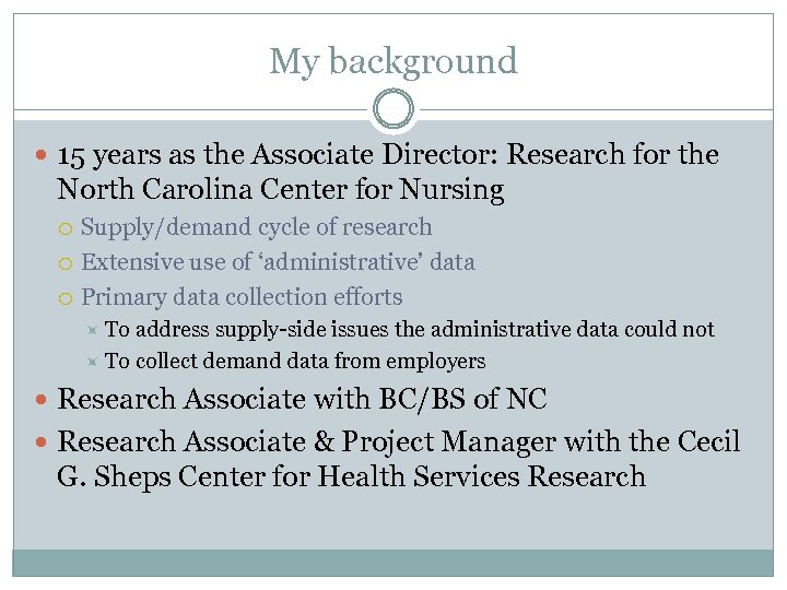 My background 15 years as the Associate Director: Research for the North Carolina Center