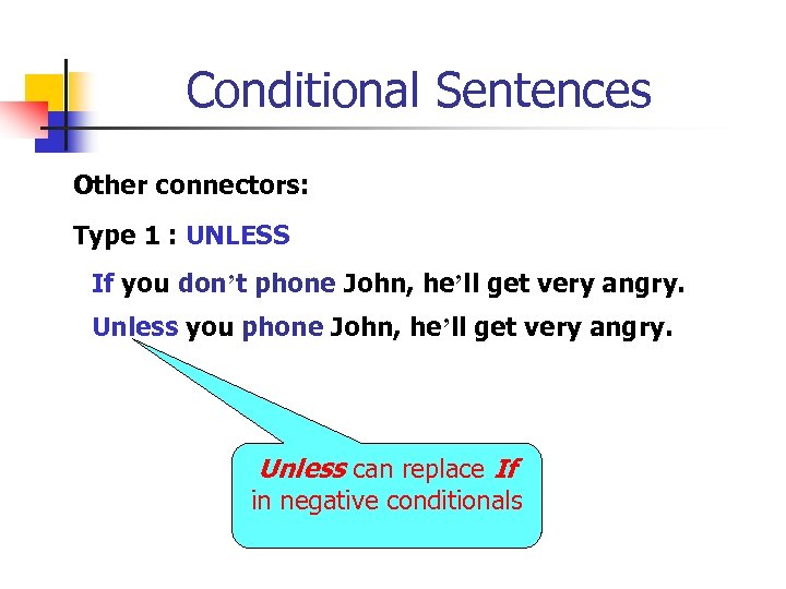 Conditional Sentences Other connectors: Type 1 : UNLESS If you don’t phone John, he’ll