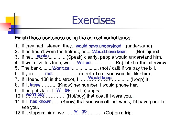 Exercises Finish these sentences using the correct verbal tense. 1. If they had listened,