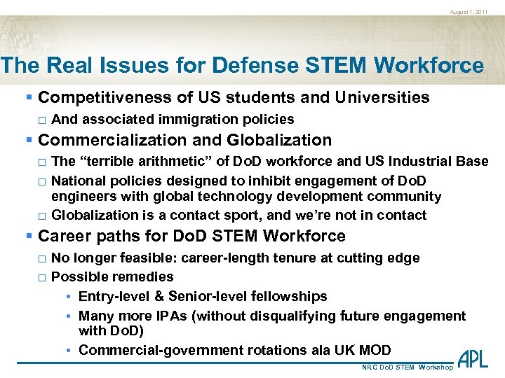 August 1, 2011 The Real Issues for Defense STEM Workforce § Competitiveness of US
