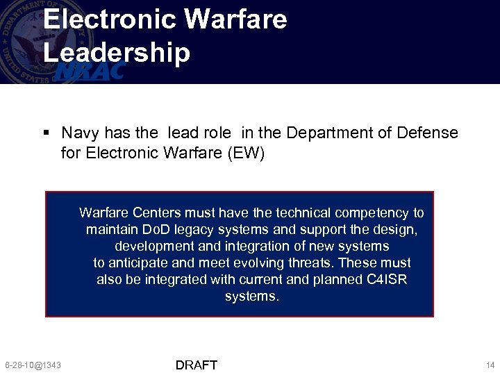 Electronic Warfare Leadership § Navy has the lead role in the Department of Defense