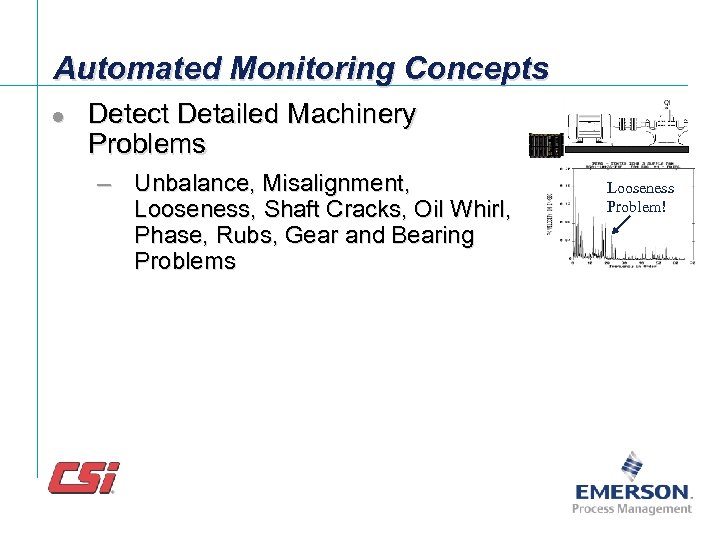 Automated Monitoring Concepts l Detect Detailed Machinery Problems – Unbalance, Misalignment, Looseness, Shaft Cracks,