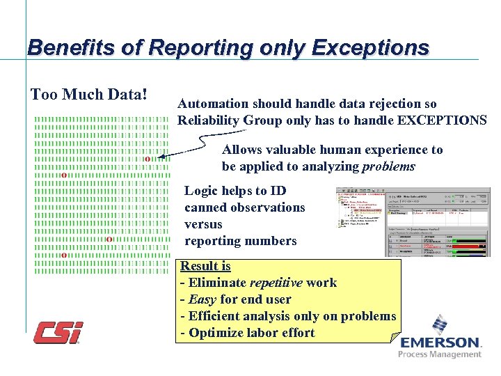 Benefits of Reporting only Exceptions Too Much Data! Automation should handle data rejection so