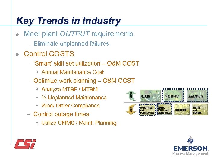 Key Trends in Industry l Meet plant OUTPUT requirements – Eliminate unplanned failures l