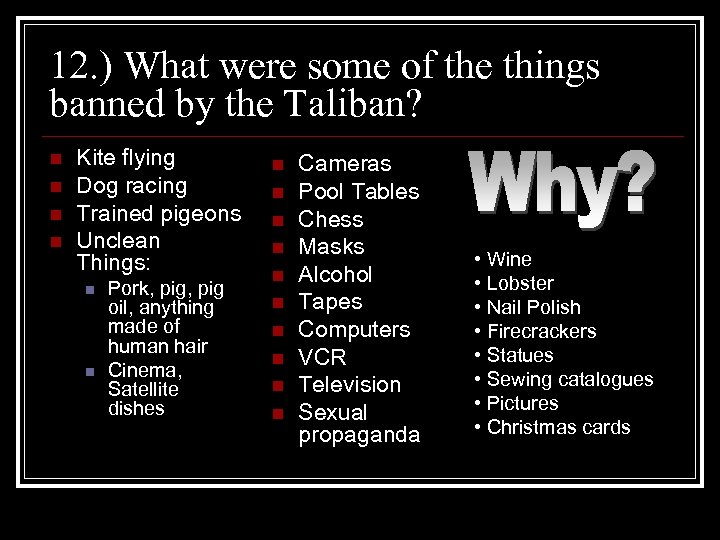 12. ) What were some of the things banned by the Taliban? n n