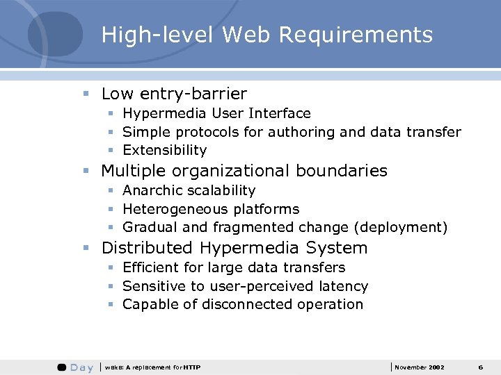 High-level Web Requirements § Low entry-barrier § Hypermedia User Interface § Simple protocols for