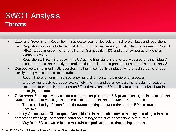 SWOT Analysis Threats • • Extensive Government Regulation – Subject to local, state, federal,