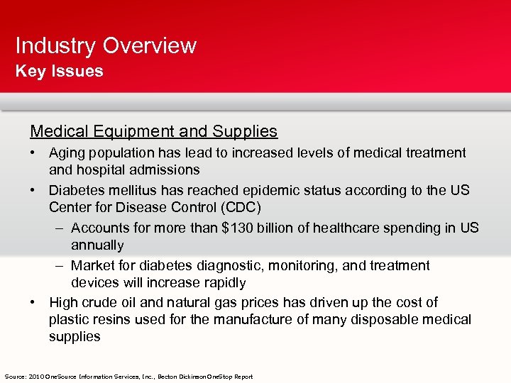 Industry Overview Key Issues Medical Equipment and Supplies • Aging population has lead to