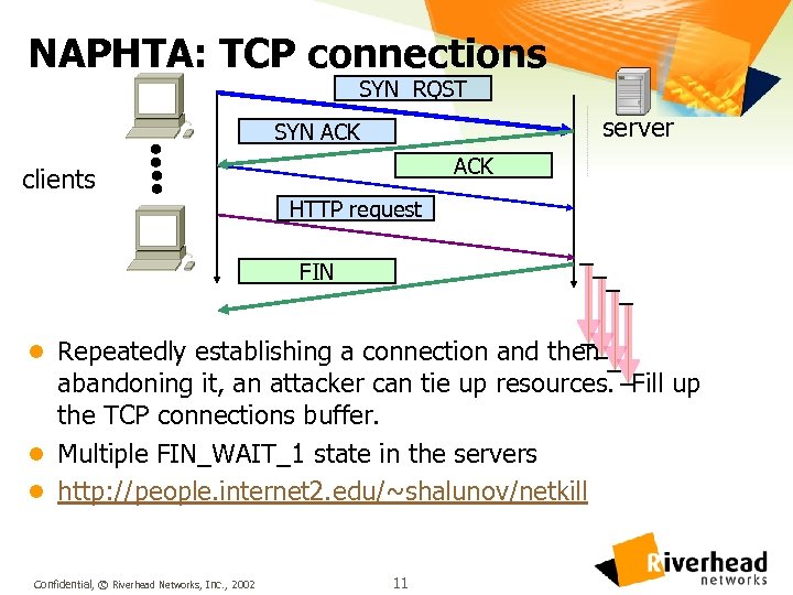 NAPHTA: TCP connections SYN RQST server SYN ACK clients HTTP request FIN l Repeatedly