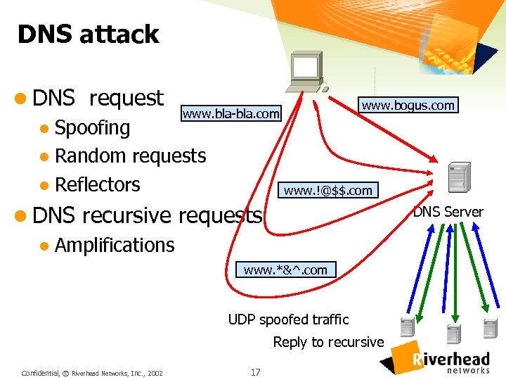 DNS attack l DNS request www. bogus. com www. bla-bla. com l Spoofing l