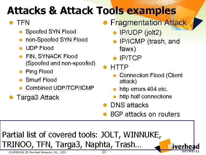 Attacks & Attack Tools examples l TFN l Spoofed SYN Flood l non-Spoofed SYN