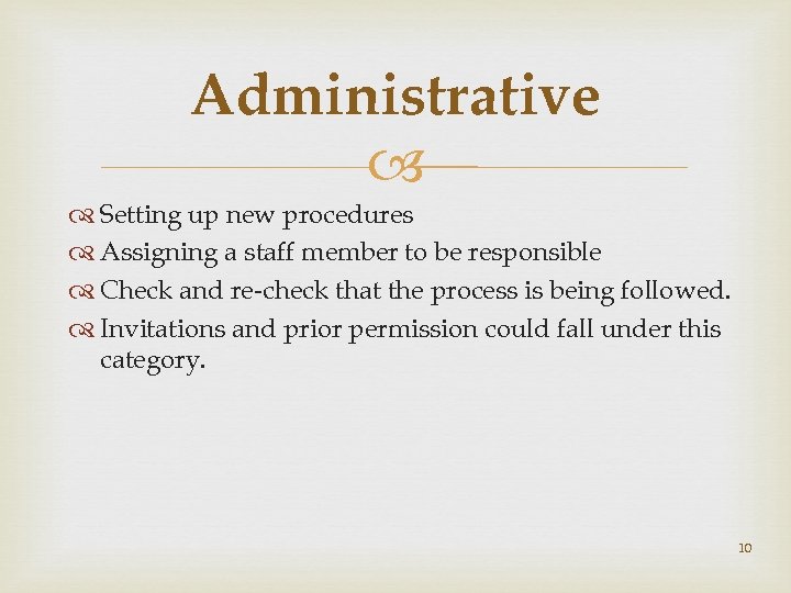 Administrative Setting up new procedures Assigning a staff member to be responsible Check and