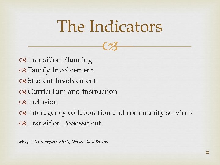 The Indicators Transition Planning Family Involvement Student Involvement Curriculum and instruction Inclusion Interagency collaboration