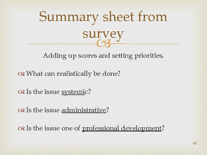 Summary sheet from survey Adding up scores and setting priorities. What can realistically be