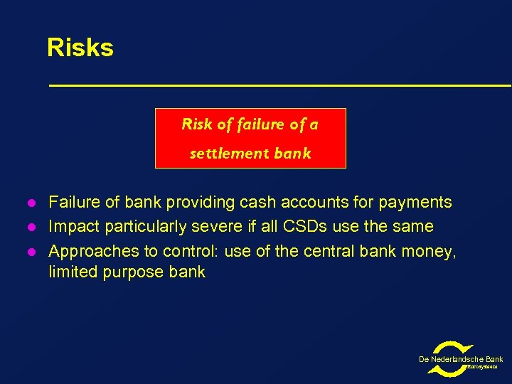 Risks Risk of failure of a settlement bank l l l Failure of bank