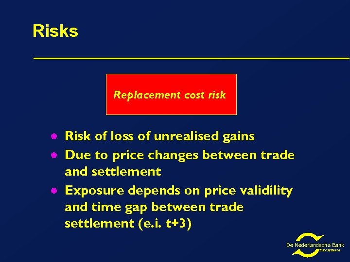Risks Replacement cost risk l l l Risk of loss of unrealised gains Due