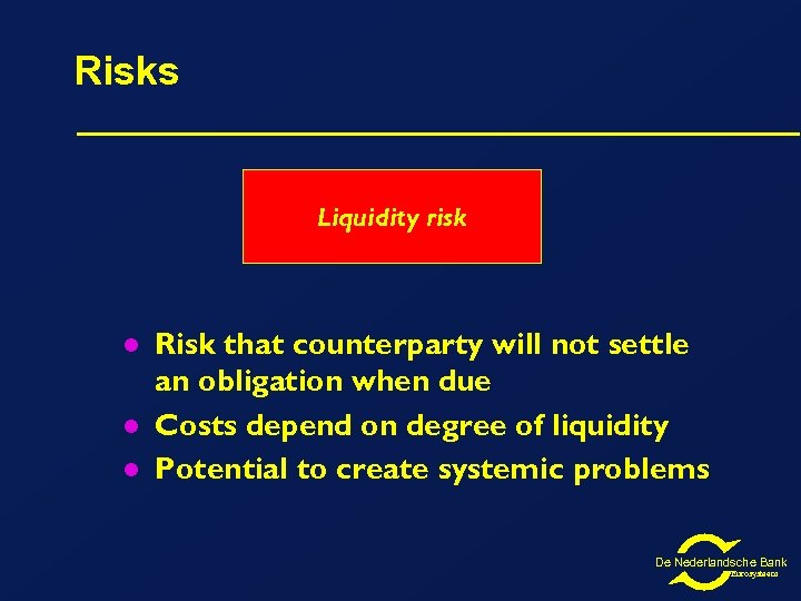 Risks Liquidity risk l l l Risk that counterparty will not settle an obligation