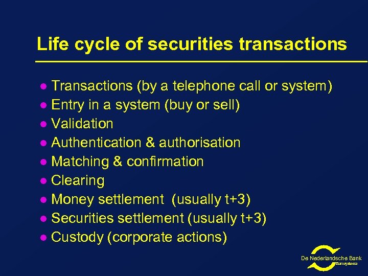 Life cycle of securities transactions Transactions (by a telephone call or system) l Entry
