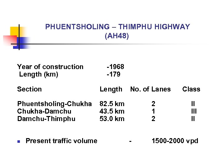 PHUENTSHOLING – THIMPHU HIGHWAY (AH 48) Year of construction Length (km) -1968 -179 Section