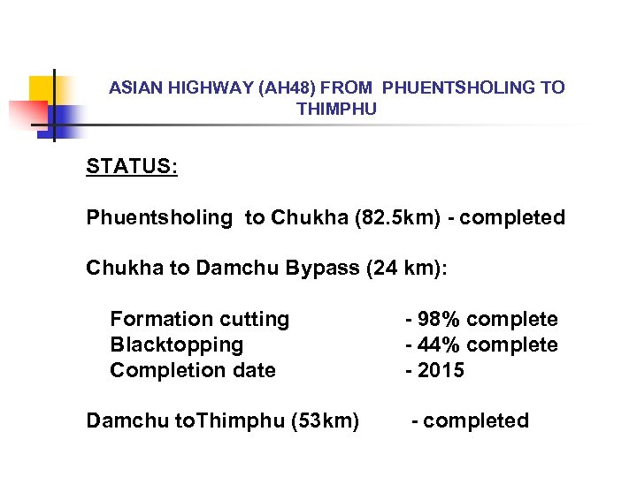 ASIAN HIGHWAY (AH 48) FROM PHUENTSHOLING TO THIMPHU STATUS: Phuentsholing to Chukha (82. 5