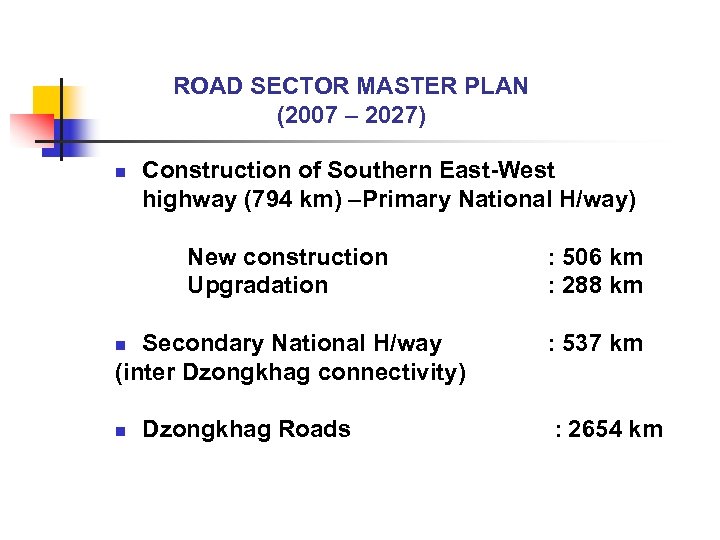 ROAD SECTOR MASTER PLAN (2007 – 2027) n Construction of Southern East-West highway (794