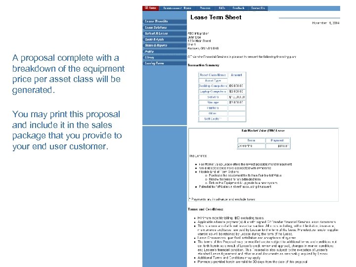 Lease Term Sheet A proposal complete with a breakdown of the equipment price per