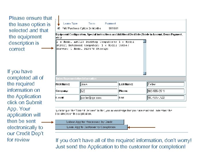 Please ensure that the lease option is selected and that the equipment description is
