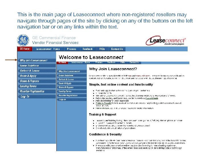 This is the main page of Leaseconnect where non-registered resellers may navigate through pages