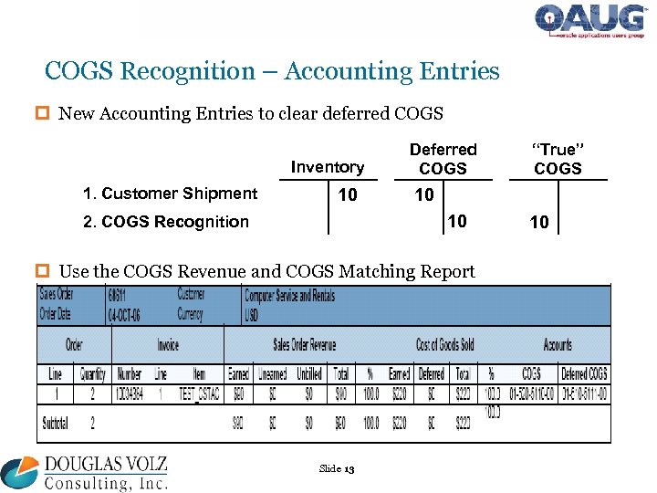 COGS Recognition – Accounting Entries p New Accounting Entries to clear deferred COGS Inventory