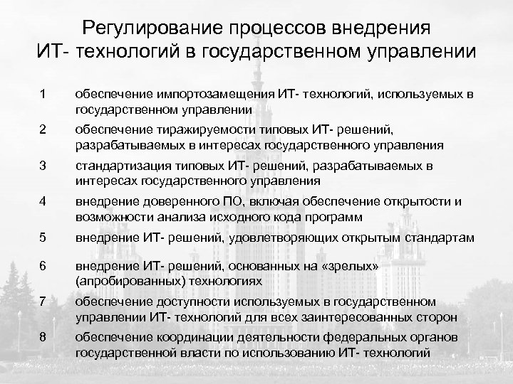 Регулирование процессов внедрения ИТ- технологий в государственном управлении 1 обеспечение импортозамещения ИТ- технологий, используемых