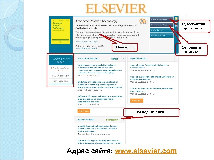 Руководство для автора Описание Отправить статью Последние статьи Адрес сайта: www. elsevier. com 