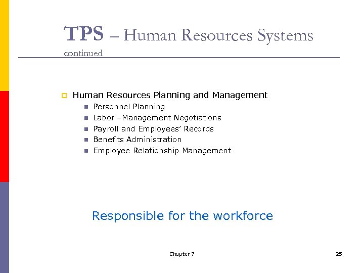 TPS – Human Resources Systems continued p Human Resources Planning and Management n n