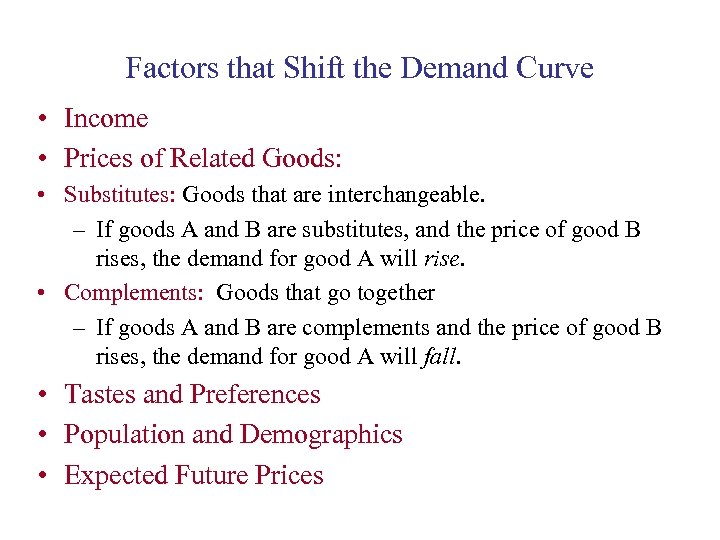 Factors that Shift the Demand Curve • Income • Prices of Related Goods: •