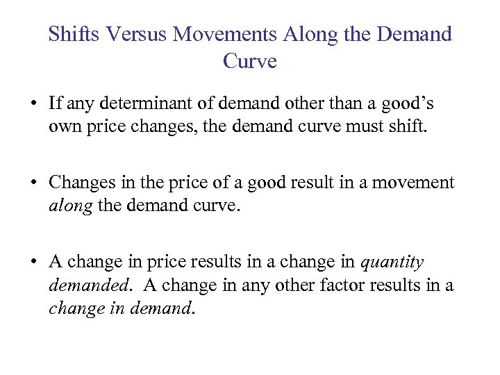 Shifts Versus Movements Along the Demand Curve • If any determinant of demand other