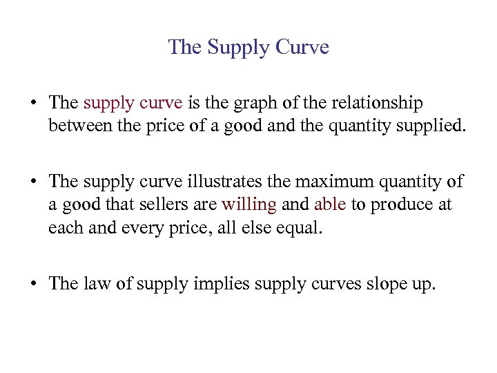 The Supply Curve • The supply curve is the graph of the relationship between