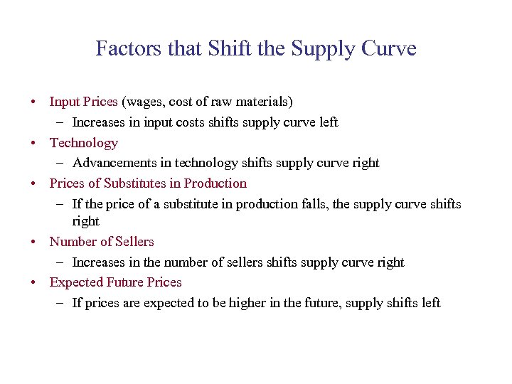 Factors that Shift the Supply Curve • Input Prices (wages, cost of raw materials)