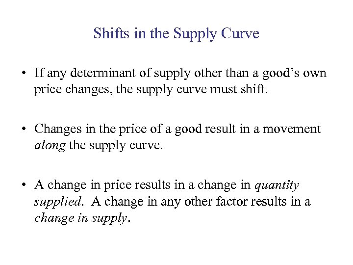Shifts in the Supply Curve • If any determinant of supply other than a