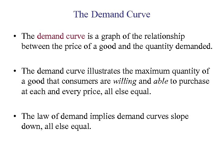 The Demand Curve • The demand curve is a graph of the relationship between