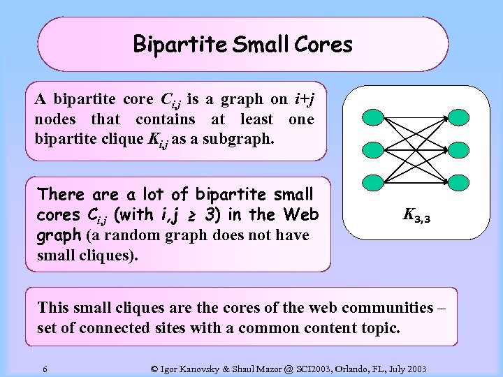 Bipartite Small Cores A bipartite core Ci, j is a graph on i+j nodes