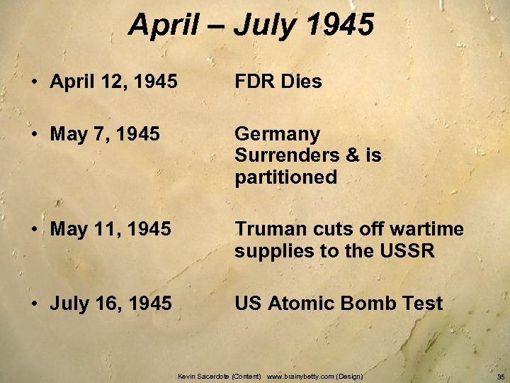 April – July 1945 • April 12, 1945 FDR Dies • May 7, 1945