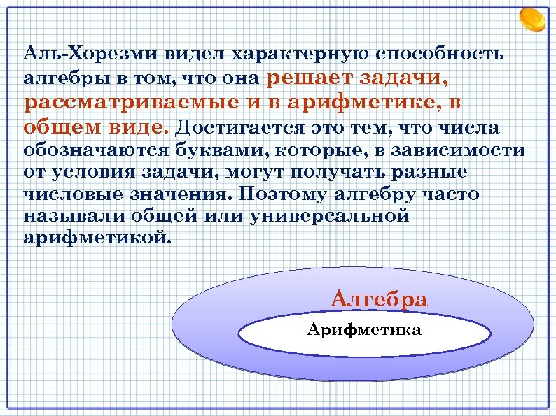 Аль-Хорезми видел характерную способность алгебры в том, что она решает задачи, рассматриваемые и в