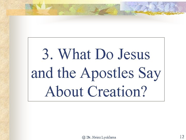 3. What Do Jesus and the Apostles Say About Creation? @ Dr. Heinz Lycklama