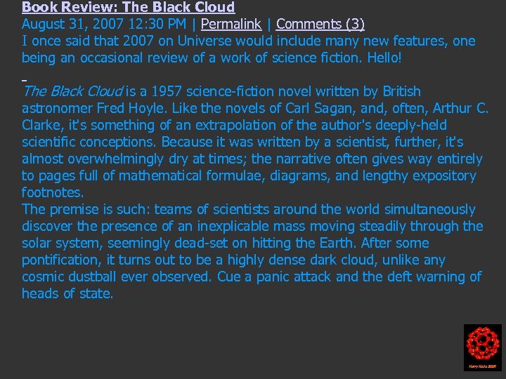 Book Review: The Black Cloud August 31, 2007 12: 30 PM | Permalink |