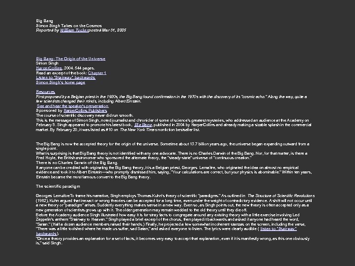  Big Bang Simon Singh Takes on the Cosmos Reported by William Tuckerposted Mar