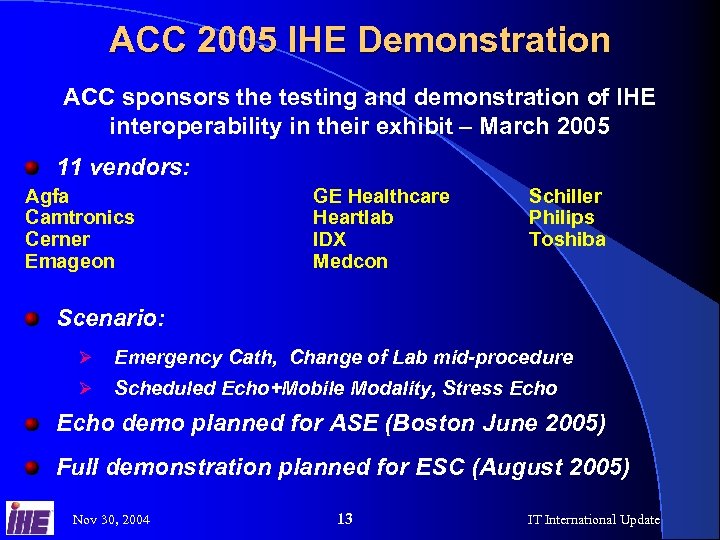 ACC 2005 IHE Demonstration ACC sponsors the testing and demonstration of IHE interoperability in