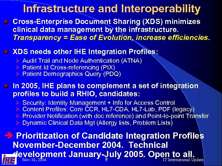 Infrastructure and Interoperability Cross-Enterprise Document Sharing (XDS) minimizes clinical data management by the infrastructure.