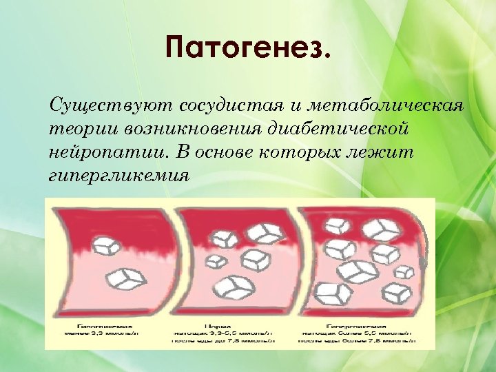 Патогенез. Существуют сосудистая и метаболическая теории возникновения диабетической нейропатии. В основе которых лежит гипергликемия