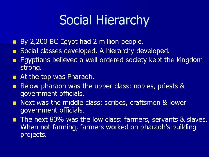 Social Hierarchy n n n n By 2, 200 BC Egypt had 2 million
