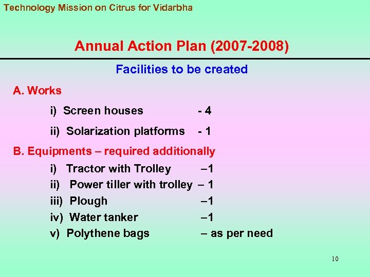 Technology Mission on Citrus for Vidarbha Annual Action Plan (2007 -2008) Facilities to be