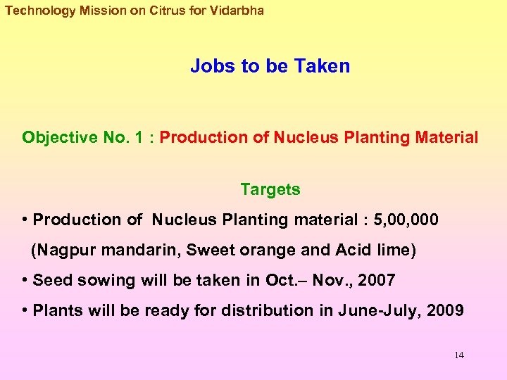 Technology Mission on Citrus for Vidarbha Jobs to be Taken Objective No. 1 :